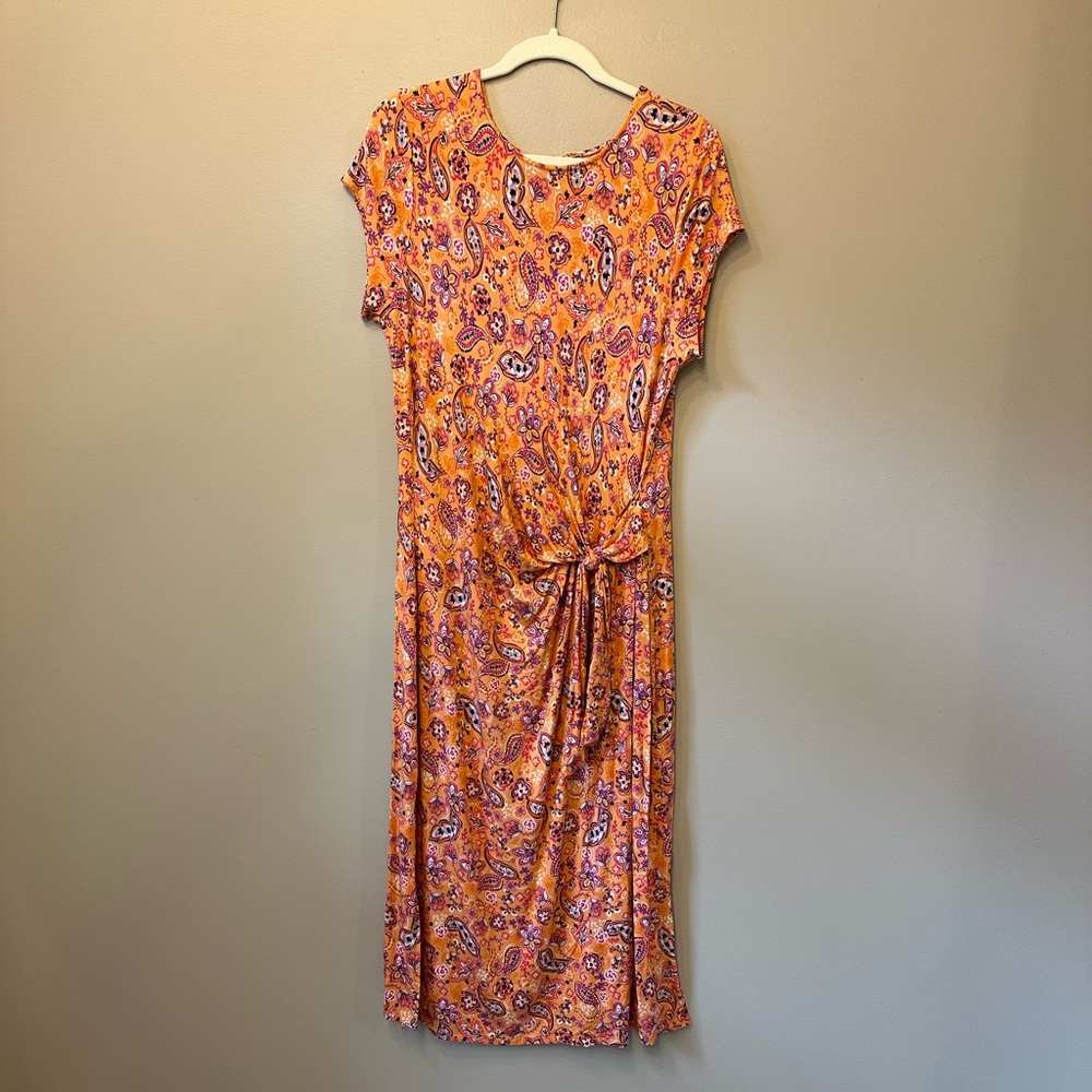 LOFT Orange Paisley Midi Dress with Knot Detail